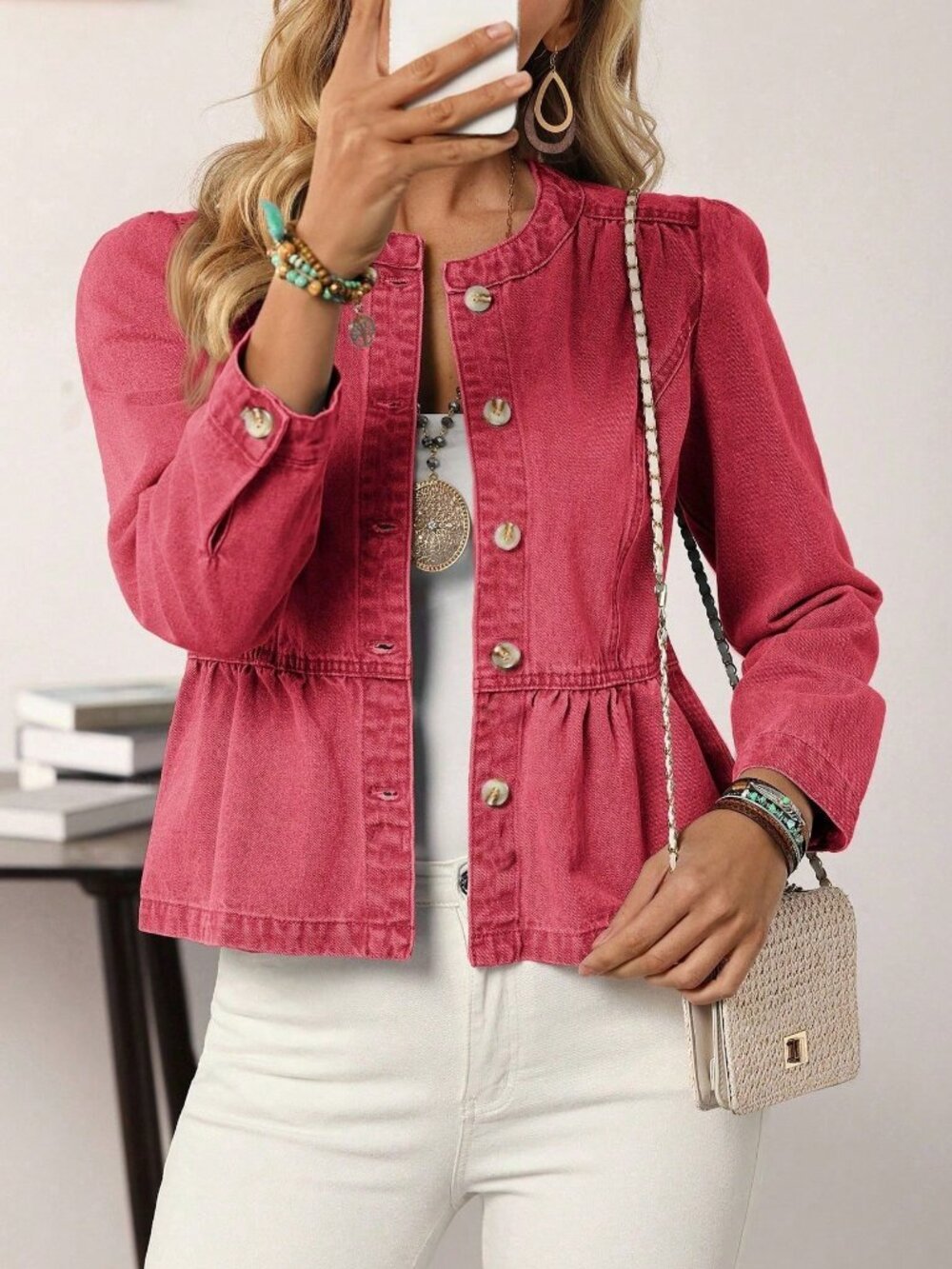Red Casual Women's Denim Jacket With Ruffle Hem And Single-Breasted Design
